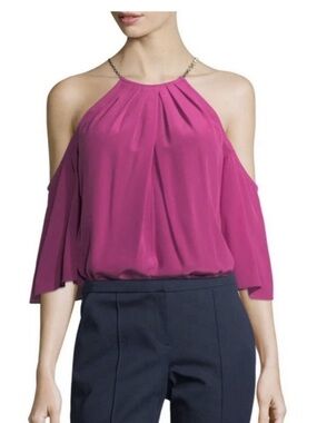 Trina Turk xs shirt top cold shoulder magenta gold silk